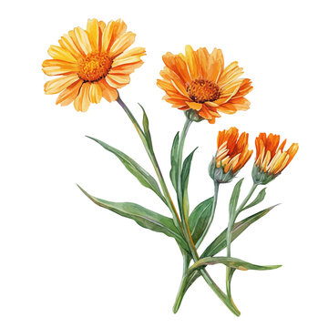 Calendula Branch, watercolor clipart showcasing whimsical details and harmonious color flow, isolated on a white background.