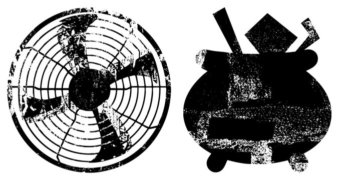 Weathered fan blade spins beside a bubbling witch&rsquo;s pot, both in gritty stencil. Call it a breeze box or wind spinner ideal for spooky/industrial themes. Cauldron also known as brew kettle or magi