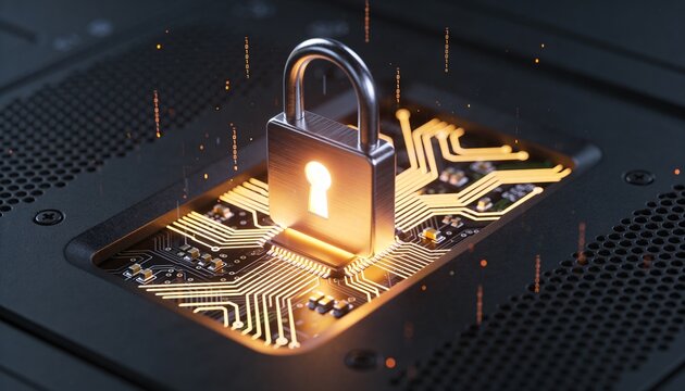 Extreme close-up minimalist 3D render of a glowing padlock mounted on a server panel surface, intricate micro circuit detail beneath, floating fine data particles, dark futuristic background, vibrant 