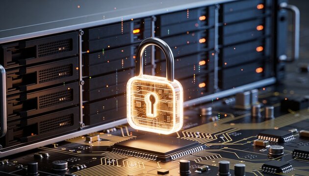 Extreme close-up minimalist 3D render of a glowing padlock mounted on a server panel surface, intricate micro circuit detail beneath, floating fine data particles, dark futuristic background, vibrant 