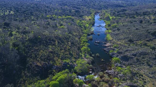 Aerial drone view of the area where the Huebra and Yeltes rivers meet, a springtime landscape in the Abadengo region of Salamanca province, Castile and Le&oacute;n, Spain, Europe