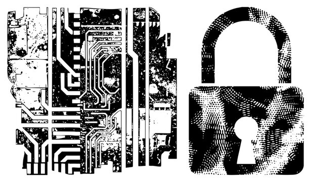 Tech security symbol merging motherboard traces lock, gritty halftones. Brain bucket or skid lid for digital armor cyber with vintage punk flair.