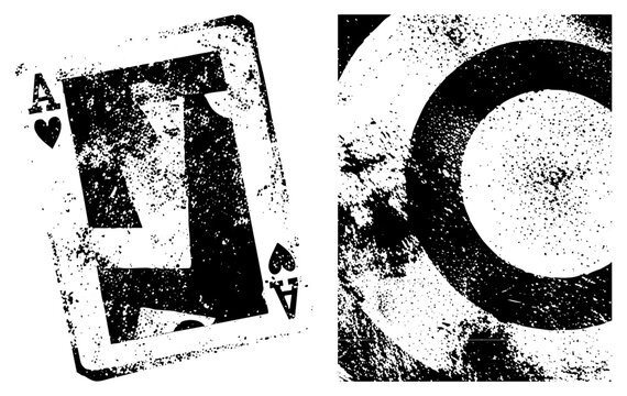 Weathered ace of spades aka death card or black lady beside a bold, textured C. Gritty halftone and distressed edges punk zines and street art. Ideal for edgy branding, tattoos, or rebellio