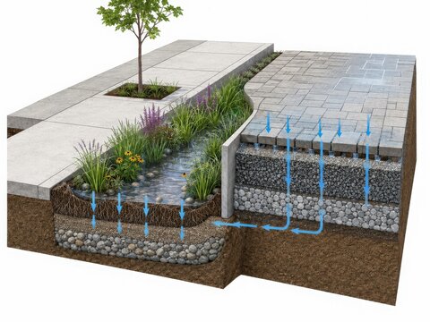 Permeable Pavement with Rain Garden Strip and Underground Water Infiltration