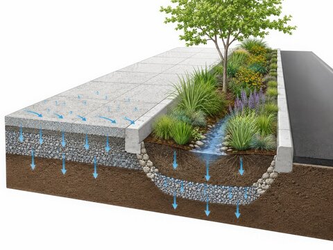 Rain Garden Beside Permeable Sidewalk Showing Stormwater Infiltration
