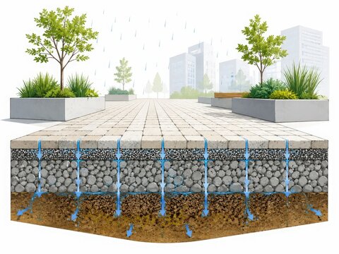 Urban Permeable Plaza Walkway with Trees and Underground Stormwater Drainage