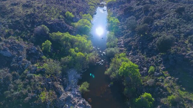 Aerial drone view of the spring landscape of the Huebra River. Yecla de Yeltes. Province of Salamanca. Castile and Le&oacute;n. Spain. Europe