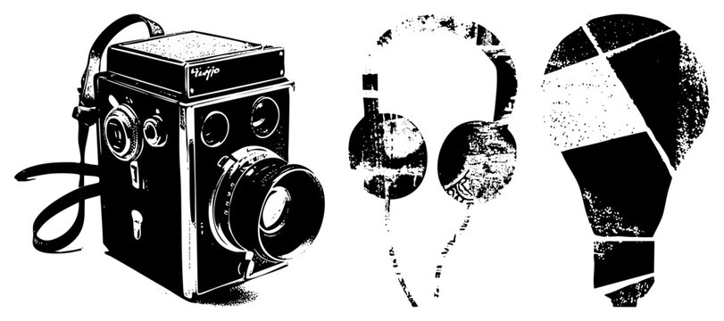 Gritty B&W trio retro box camera, over ear cans, shattered bulb brain bucket for cam, for cans. Edgy branding or poster art with raw analog vibes.