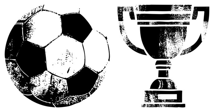Classic football with halftone texture alongside a champion&rsquo;s cup, perfect for team gear or tournament posters. Known as footy ball or soccer orb, this duo screams victory and street grit.