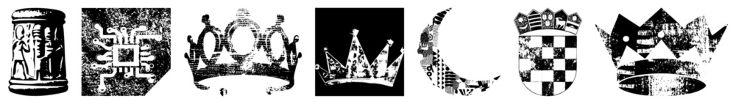 Silhouette crown designs brain bucket or skid lid for kings. Glyph style with grunge halftone, ideal for logos/stickers.