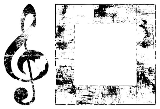 Weathered treble clef (G clef/fiddle key) beside a rough halftone frame. Ideal for punk flyers, music logos, or vintage album art blending raw energy with classic notation.