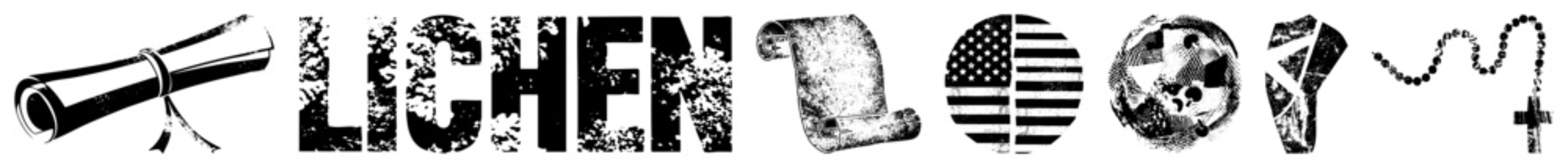 Rugged lichen style lettering with parchment scrolls, globe skull, rosary ideal for edgy branding or vintage posters blending decay and symbolism.