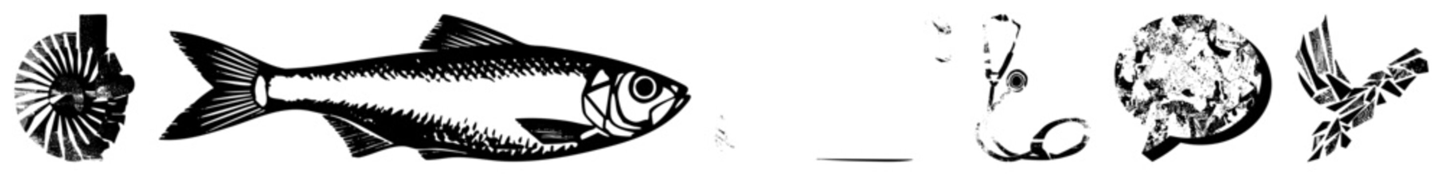 Stylized fish river runner or friend swims boldly in minimalist space. Sharp angles meet organic curves, blending folk carvings with modern glyphs. Ideal for logos, decals, cultural branding.