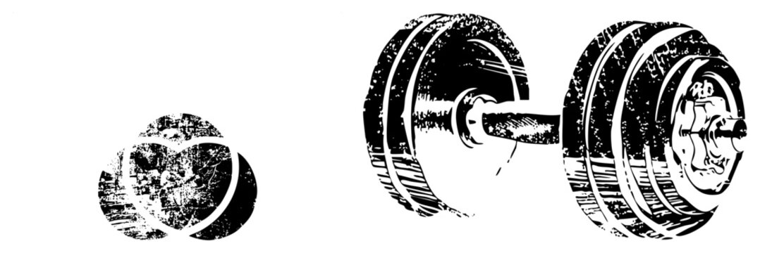 Gritty stencil cut dumbbell loose plate in high contrast black. Iron or steel pig raw strength, vintage grit. Ideal for workout gear or motivational posters.