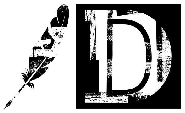 Vintage quill pen beside a halftone "D" evokes scribes, ink stained journals. Ideal for gritty, handcrafted logos, branding, or posters. Call it scribbler or plume for nostalgia.