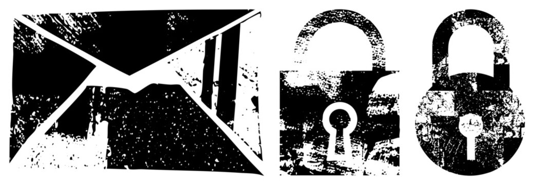Gritty black and white security mail slot, brain bucket, keyhole guard styled like vintage stencils with halftone noise. Edgy, clear, ideal for hacker themed branding or posters.