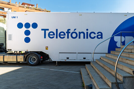 Barcelona, Spain - May 6, 2026: White Telefonica broadcast truck parked.