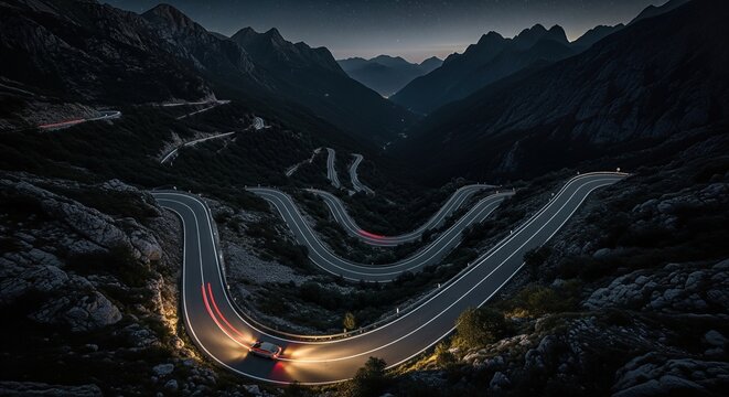 Winding mountain road at night with car headlights creating light trails in dark, dramatic landscape with starry sky