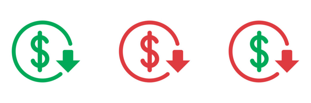 Cost Reduction Icon, vector illustration dollar symbol with downward arrow for price drop financial savings expense reduction modern flat design concept