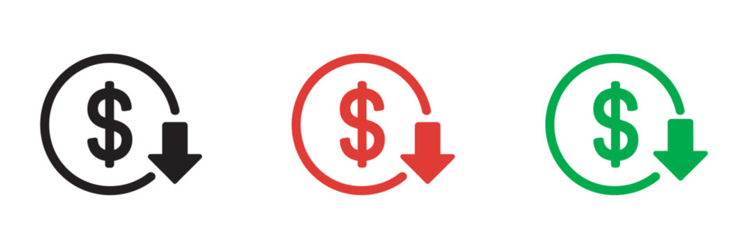 Cost Reduction Icon, vector illustration dollar symbol with downward arrow for price drop financial savings expense reduction modern flat design concept