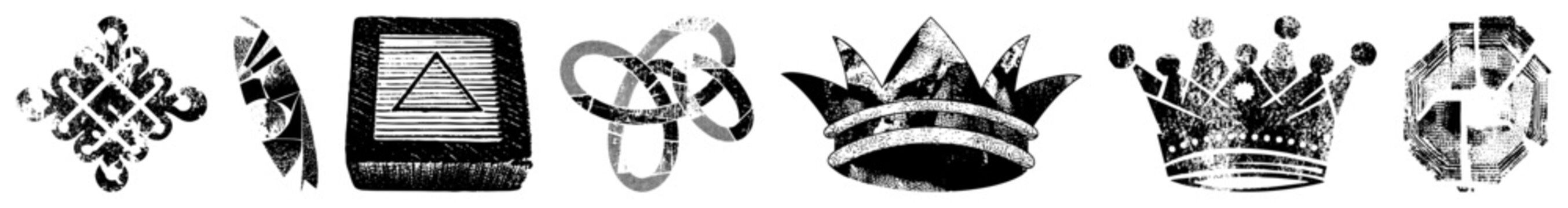 Vintage style graphics with crowns, sigils, tribal motifs &ldquo;brain bucket&rdquo; or &ldquo;skid lid&rdquo; for regal headwear, &ldquo;&rdquo; for dog variants. Gritty halftone, high contrast B&W evokes mystery, autho