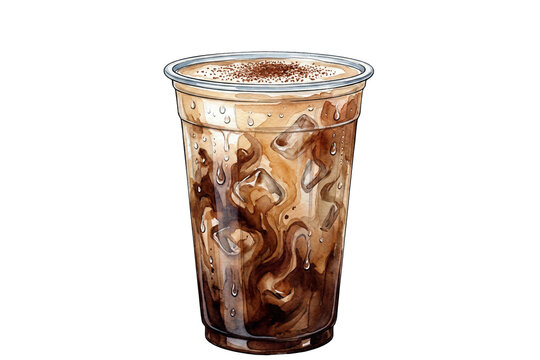 watercolor illustration of iced mocha coffee with foam and chocolate dusting in a plastic takeaway cup on transparent background