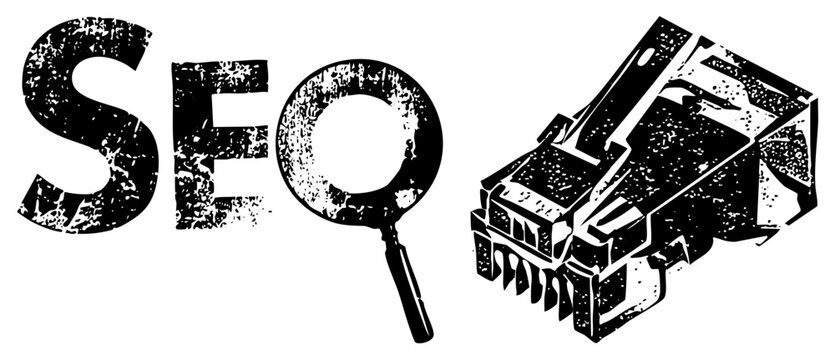 Grunge magnifier Ethernet jack skid lid for digital detectives, brain bucket for web ninjas. Rough halftone, high contrast edgy tech branding.