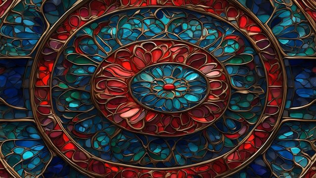 Intricate stained glass window with a floral motif, featuring vibrant red and blue glass segments arranged in a symmetrical pattern