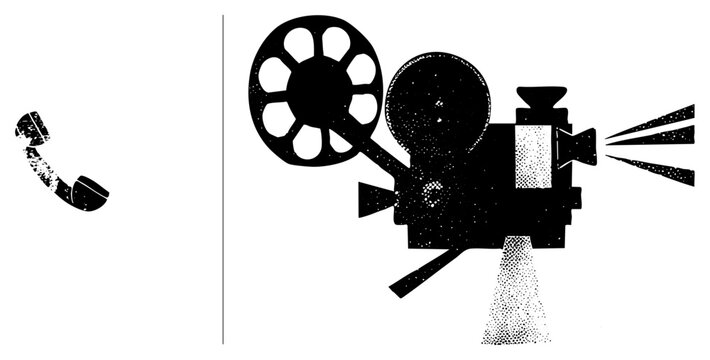 Classic projector beams, spinning reel beside rotary phone retro flicker box meets call center. Halftone cutout evokes movie night or noir agency.