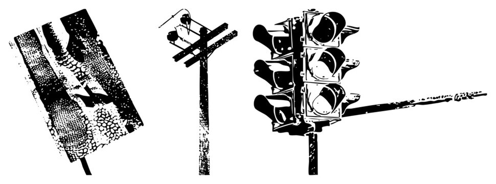 Gritty stencil style street & power post. Stoplight slang &ldquo;don&rsquo;t walk box&rdquo; and &ldquo;red light sentinel&rdquo; pop. Raw, weathered urban for edgy branding or posters.