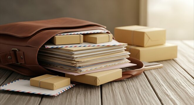 Courier bag overflowing with mail and parcels on a rustic wooden table, symbolizing efficient delivery and logistics