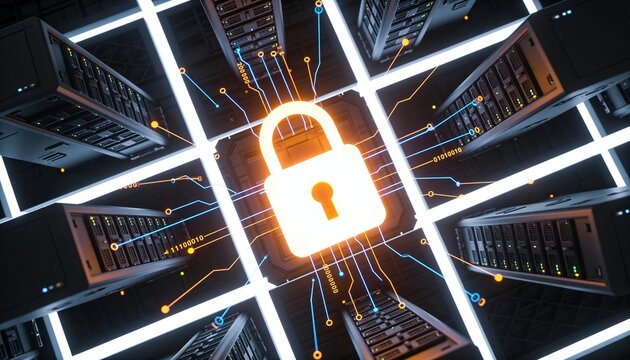 Symmetrical server rack grid with central glowing padlock, floating data streams radiating outward, minimalist clean 3D top-down render, dark futuristic backdrop, vivid color scheme, logo-free