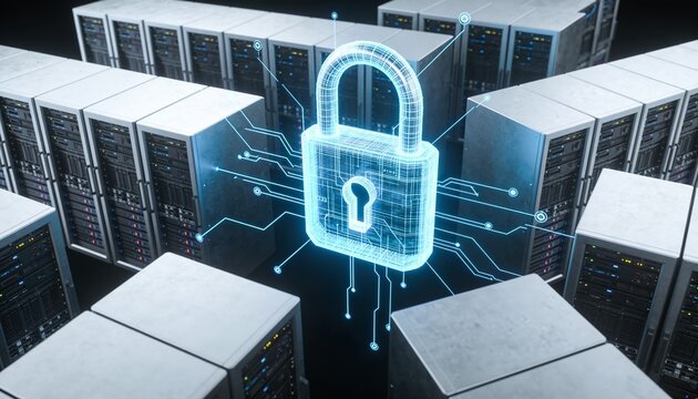 Symmetrical server rack grid with central glowing padlock, floating data streams radiating outward, minimalist clean 3D top-down render, dark futuristic backdrop, vivid color scheme, logo-free