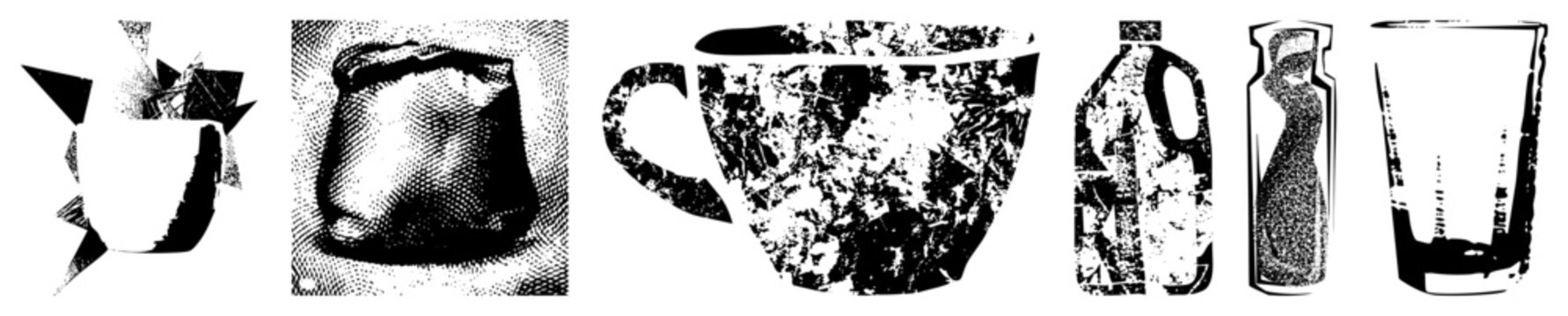 Gritty halftone coffee mug aka java jar or brew bucket with milk jugs, evoking vintage diner vibes. Ideal for edgy branding or retro posters needing raw, unfiltered aesthetic.