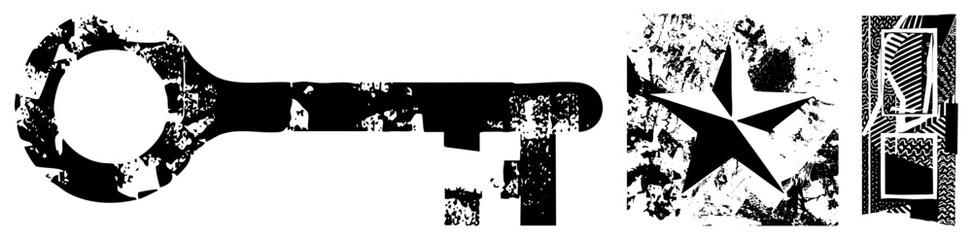 Obraz premium Gritty, halftone skeleton key (aka warded lockpick) beside a bold star and geometric frames evoking vintage stencil art for edgy branding or urban posters.