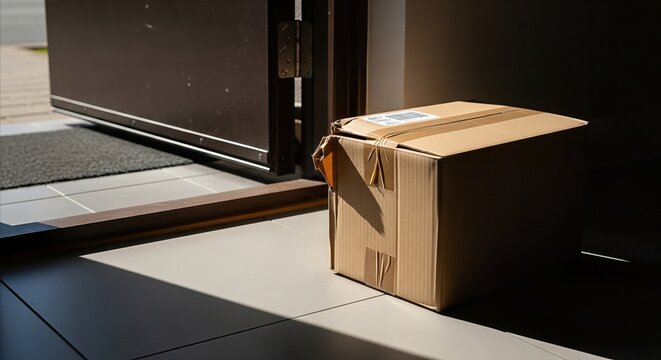 Damaged cardboard box with torn tape left at front door in harsh midday light, representing imperfect delivery reality.