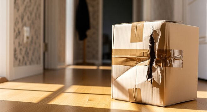Damaged cardboard box with torn tape on a wooden floor, sunlight casting shadows, e-commerce delivery issue concept