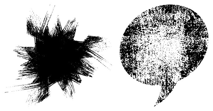Raw brush stroke blast beside gritty halftone chat bubble ideal for punk flyers or street art. Call it chatterbox, blabbermouth, or conversational doodle. Edgy, loud, attitude filled.