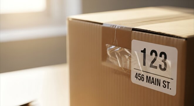 Crooked shipping label on cardboard box suggests delivery error in bright workspace with copy space
