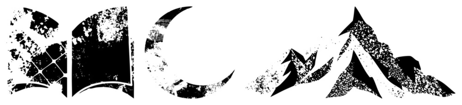 Rugged peaks moon open tome &ldquo;peak pages&rdquo; or &ldquo;summit scriptures&rdquo; for adventure. Ink splattered glyphs hint mystery, solitude, ancient lore ideal for branding or wanderlust post