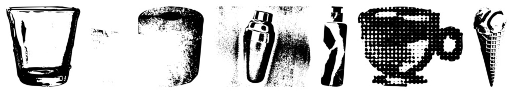 Six gritty halftone drinkware silhouettes shaker, tumbler, ice cream cone ideal for dive bars, cocktail menus, merch, or edgy branding. Retro nicknames optional. Vintage nightlife vibe.