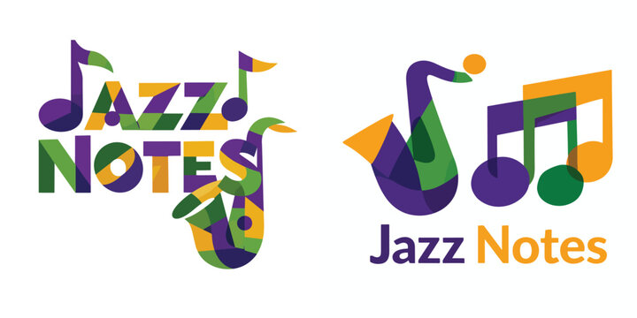 Colorful Jazz Notes music logo with abstract saxophone and overlapping note shapes in purple green and gold, modern New Orleans sound identity for jazz festivals posters streaming and album artwork