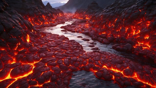 A river flows through a volcanic landscape with molten lava on its banks