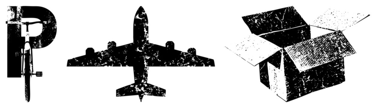 Rugged b&w pushbike, jumbo jet, open crate street slang calls them &ldquo;two wheeler,&rdquo; &ldquo;sky whale,&rdquo; &ldquo;cardboard coffin.&rdquo; Ideal for gritty branding, posters, decals with vintage texture, bold contra