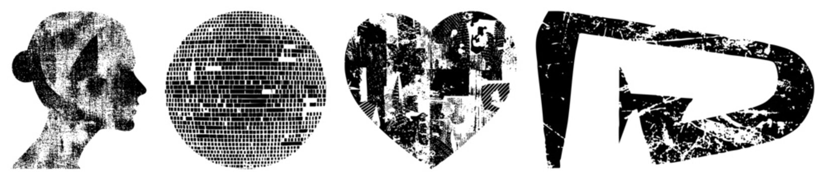 Bold B&W woman&rsquo;s profile, pixel circle, heart collage, abstract letter. Skid lid & brain bucket styles for streetwear/punk branding. Raw texture meets minimalism.