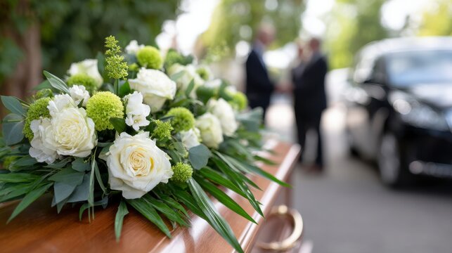 Elegant Floral Arrangement Adorning a Casket During a Somber Funeral Ceremony, Capturing Moments of Reflection and Farewell Among Attendees at the Memorial Service