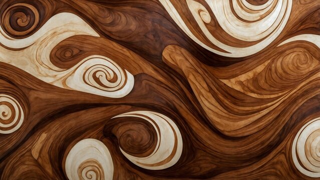An abstract wood carving with swirling patterns in shades of brown and cream, resembling flowing water or smoke