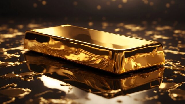 A gleaming gold bar rests on a reflective surface, exuding an aura of wealth and luxury. The rich, metallic sheen captures the light, creating a captivating display of opulence.