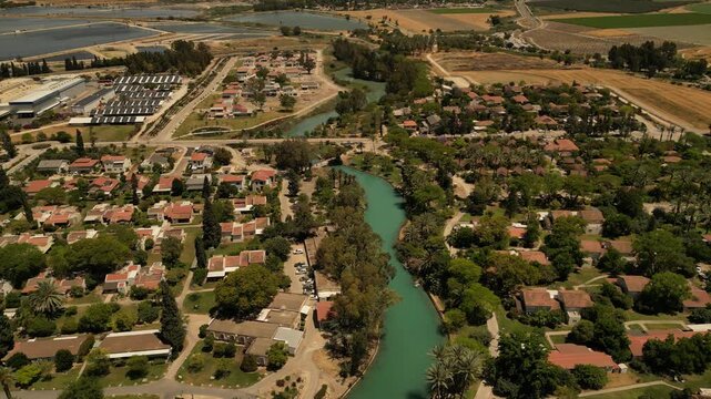 Aerial View of Nir David Kibbutz and Turquoise Water Canals Israel
