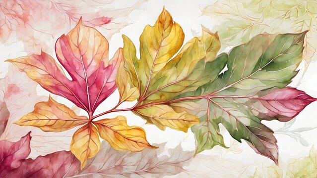 A beautiful watercolor painting of fall leaves in various warm colors. The leaves are detailed and realistic, with a soft, painterly texture
